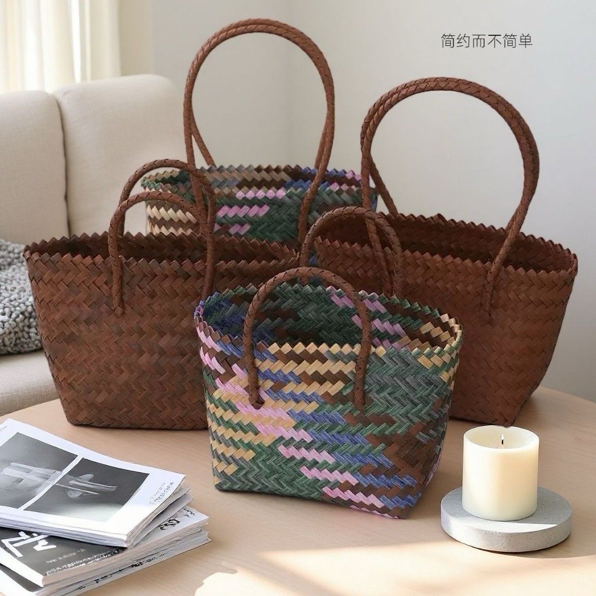 Cross-border bamboo weaving bag, rattan weaving handbag, straw weaving bag, bamboo joint bag, retro pure hand-woven bag, vegetable basket, simple and versatile single-shoulder bag, hand-woven bamboo weaving bag