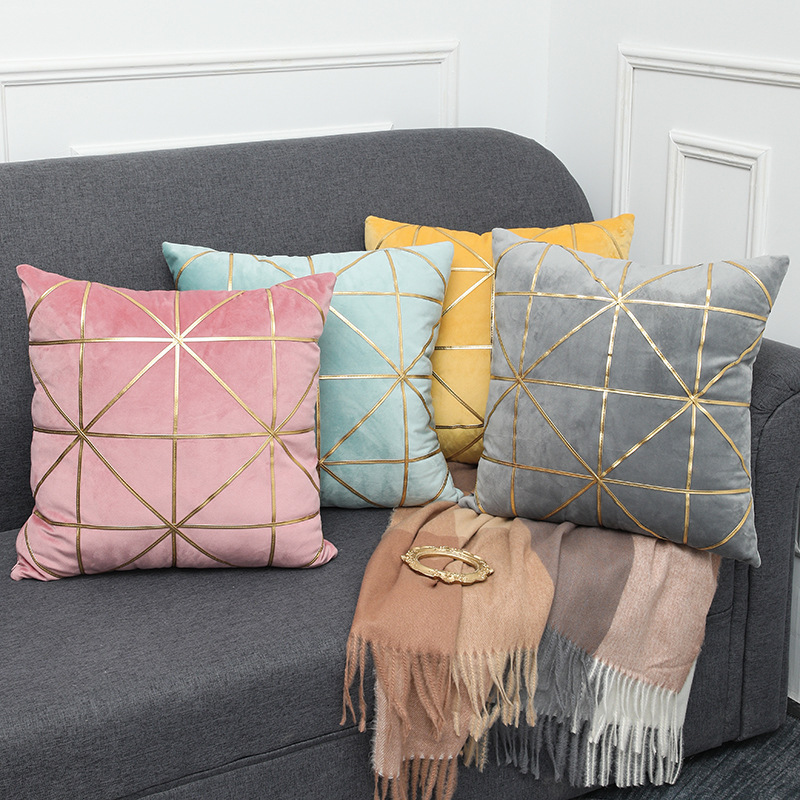 欧美风荷兰绒抱枕套烫金米字格靠枕北欧简约轻奢靠垫沙发床头腰枕