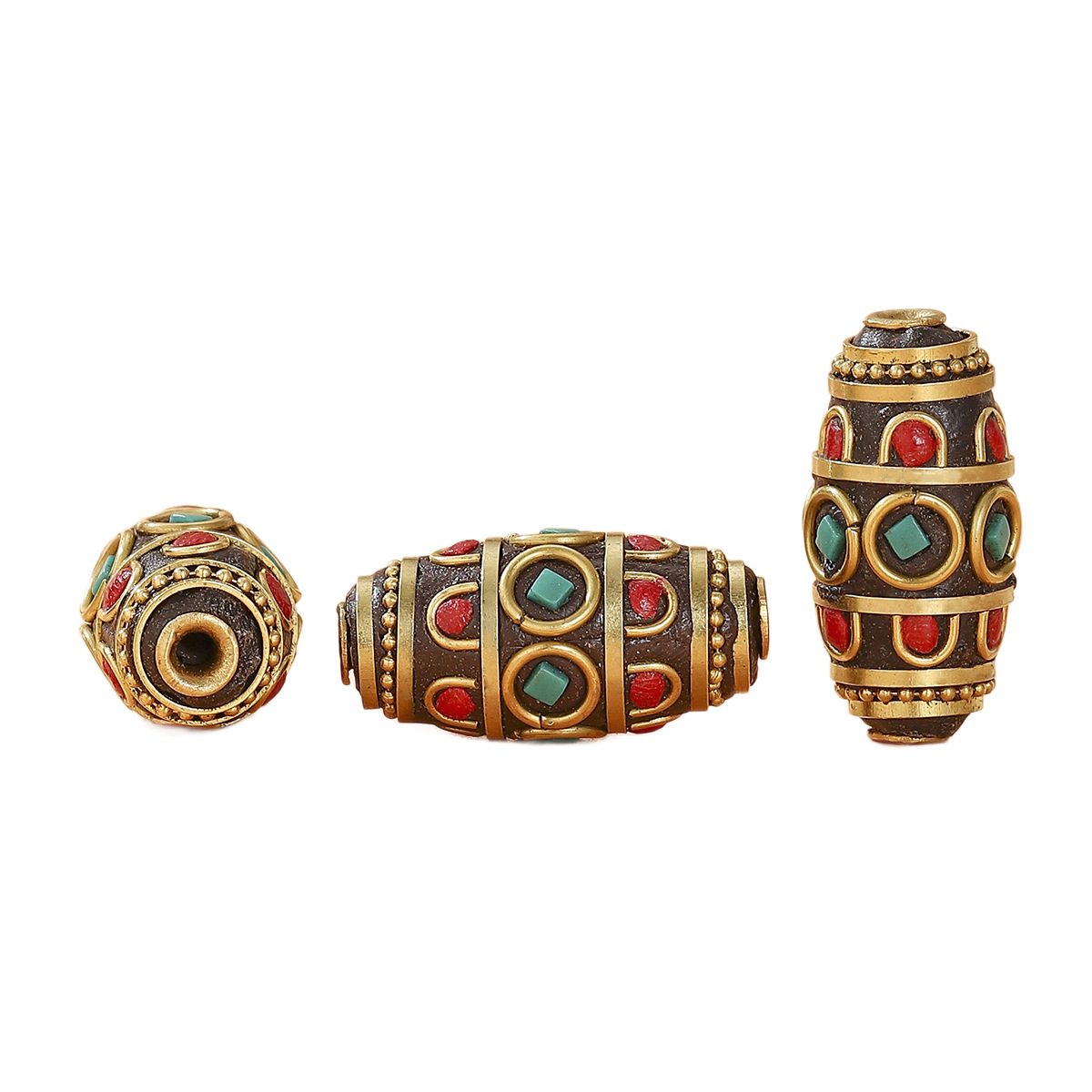 Tibetan-style Nepalese retro inlaid bead brass red stone blue turquoise bucket bead DIY jewelry accessories Item Picture