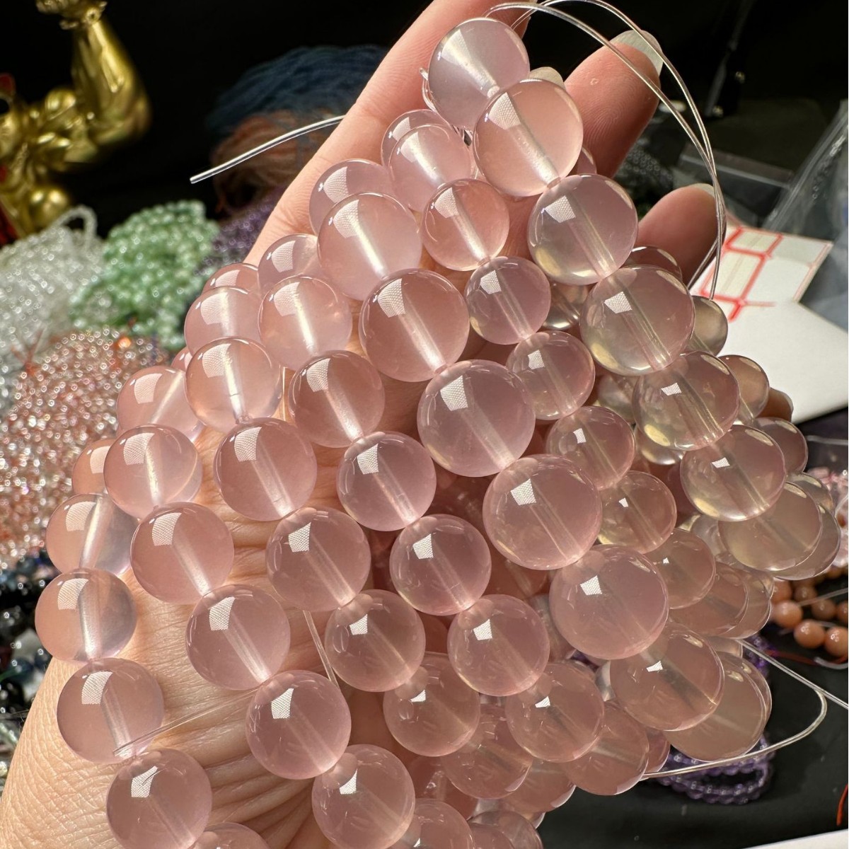 天然六芒星光果冻芙蓉粉手串粉晶手链单圈圆珠蜜桃粉桃花晶体通