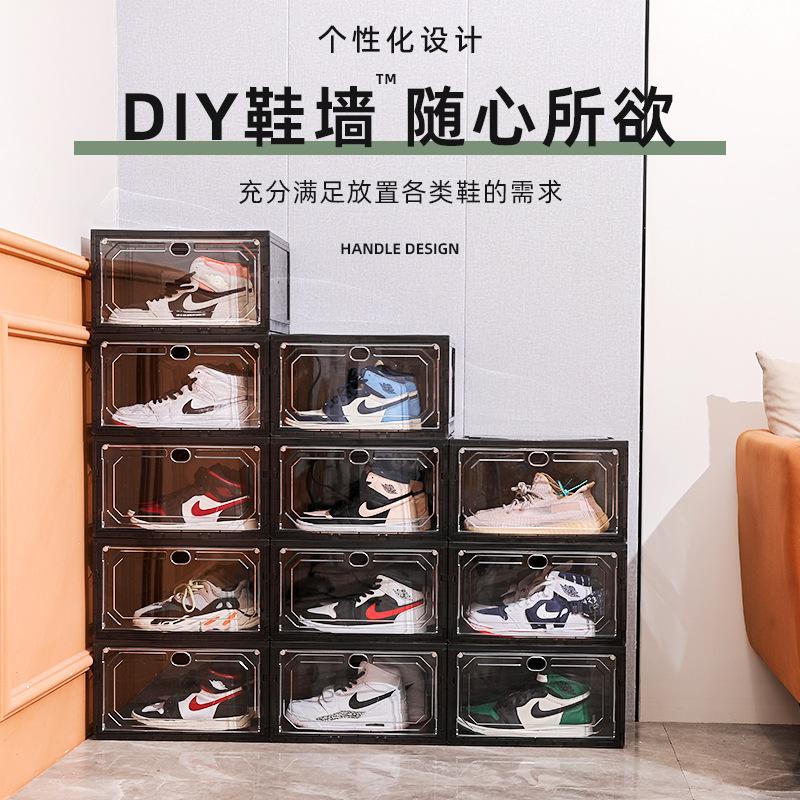 Non-assembly magnetic side-opening basketball shoe box acrylic transparent storage. Fold and pull to use the transparent shoe box Specification image