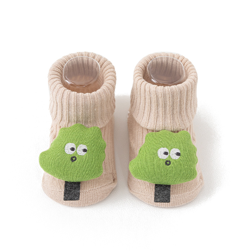 New cartoon double-needle baby socks for autumn and winter, anti-slip and anti-glue newborn socks with bell in the middle tube, 0-9 months old Item Picture