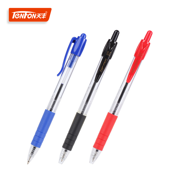 Transparent plastic ballpoint pen, red, black and blue ballpoint pen, press 518 sheath ballpoint pen full figure