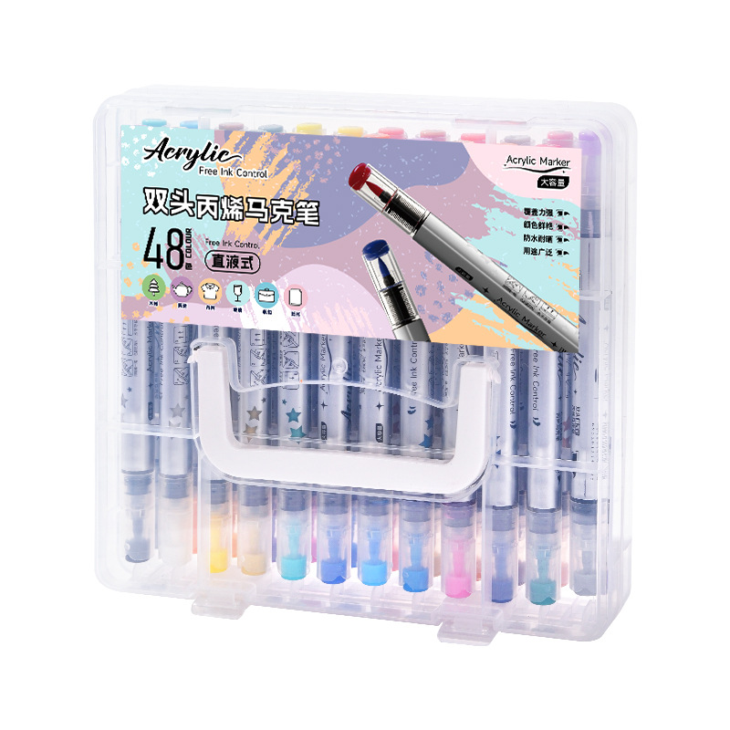 跨境爆款直液式丙烯马克笔24/48色软头学生美术diy手绘画涂鸦笔批白底实物图