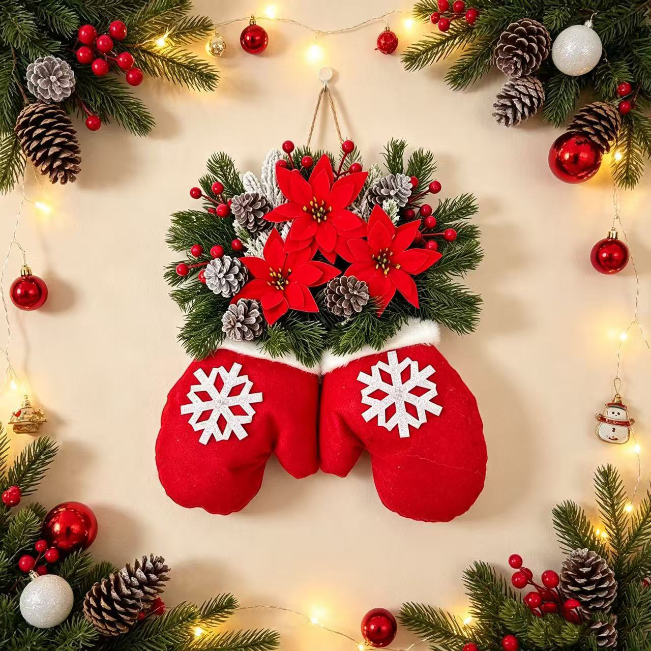 Guantes de navidad colgantes decoraciones de árbol de navidad ramas de pino bola de nieve conos de pino luces de color adornos cajas de regalo fondos ambiente festivo details Picture