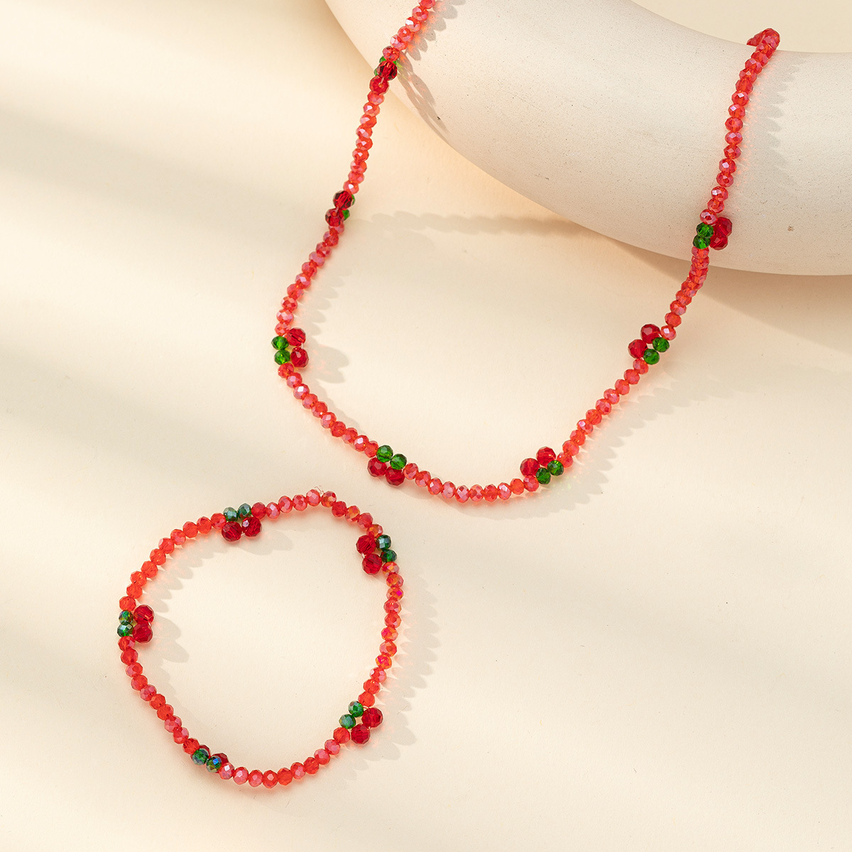 Korean-style fashionable beaded crystal cherry flower necklace bracelet, woven neck chain, collarbone chain, women's fruit elements Application Scenario