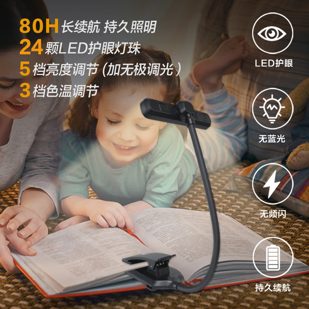 Double-row led reading lamp, rotating lamp head, eye-protecting book holder lamp, cross-border TYPE-C charging clip lamp details Picture