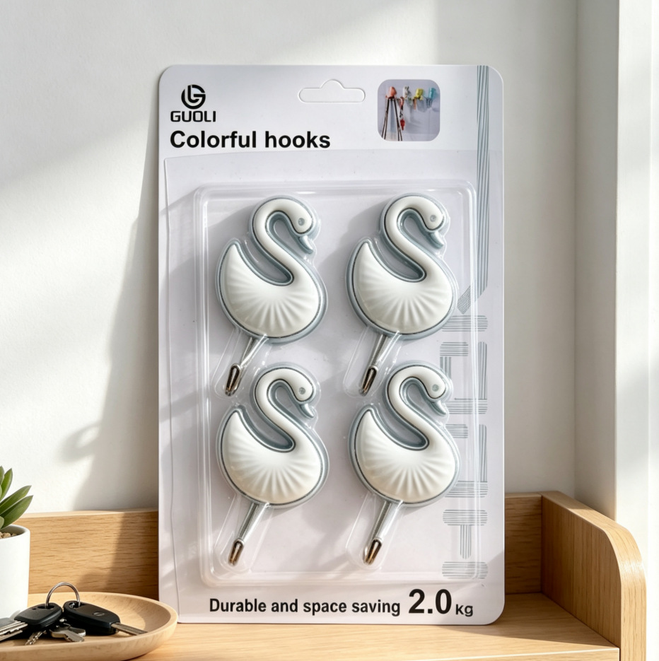 Swan-shaped non-drilling sticky hook, a powerful and seamless storage hook for home kitchen, bathroom and entrance wall Application Scenario