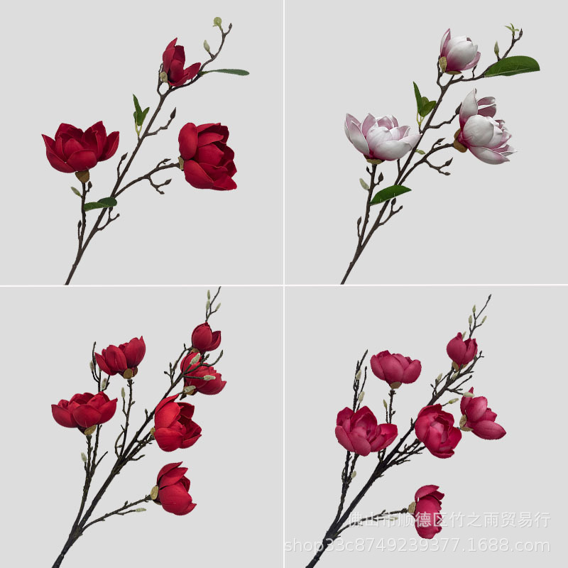 玉兰假花红色仿真花手感摆件塑料绢花批发阳台客厅装饰结婚年宵花详情图2