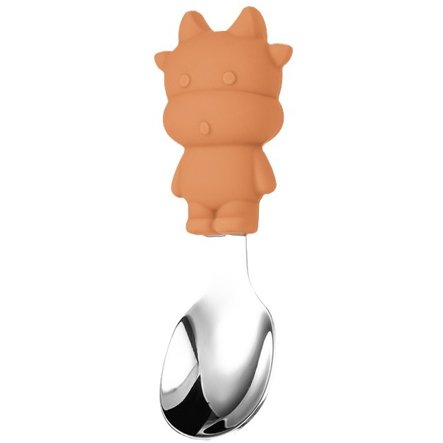 跨境热销儿童硅胶餐具宝宝学吃饭勺子硅胶手柄304 不锈钢叉勺套装白底实物图