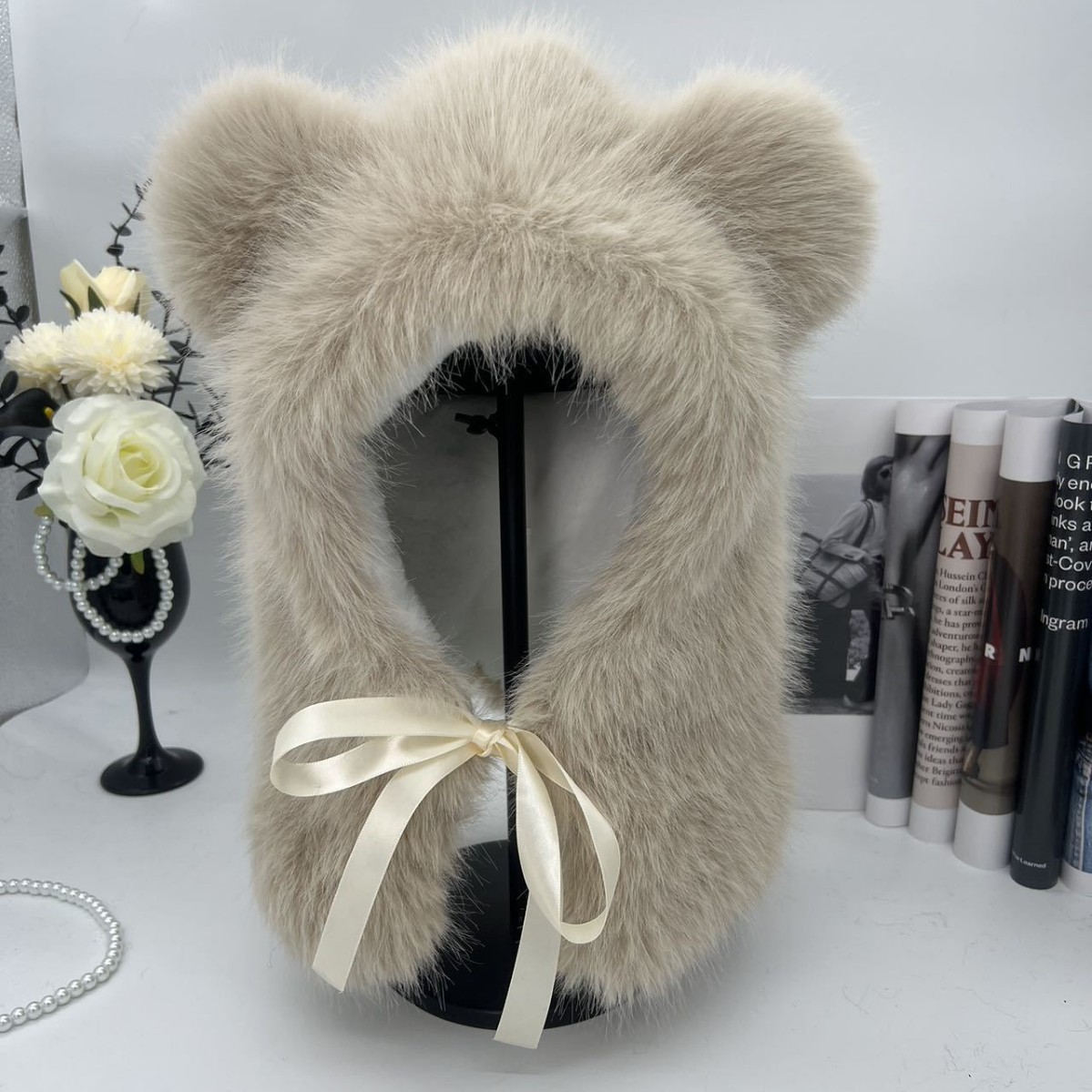 Little bear plush hat for women, thickened, warm and ear-protecting, cute fox fur Lei Feng hat to make the face look smaller in autumn and winter Specification drawing