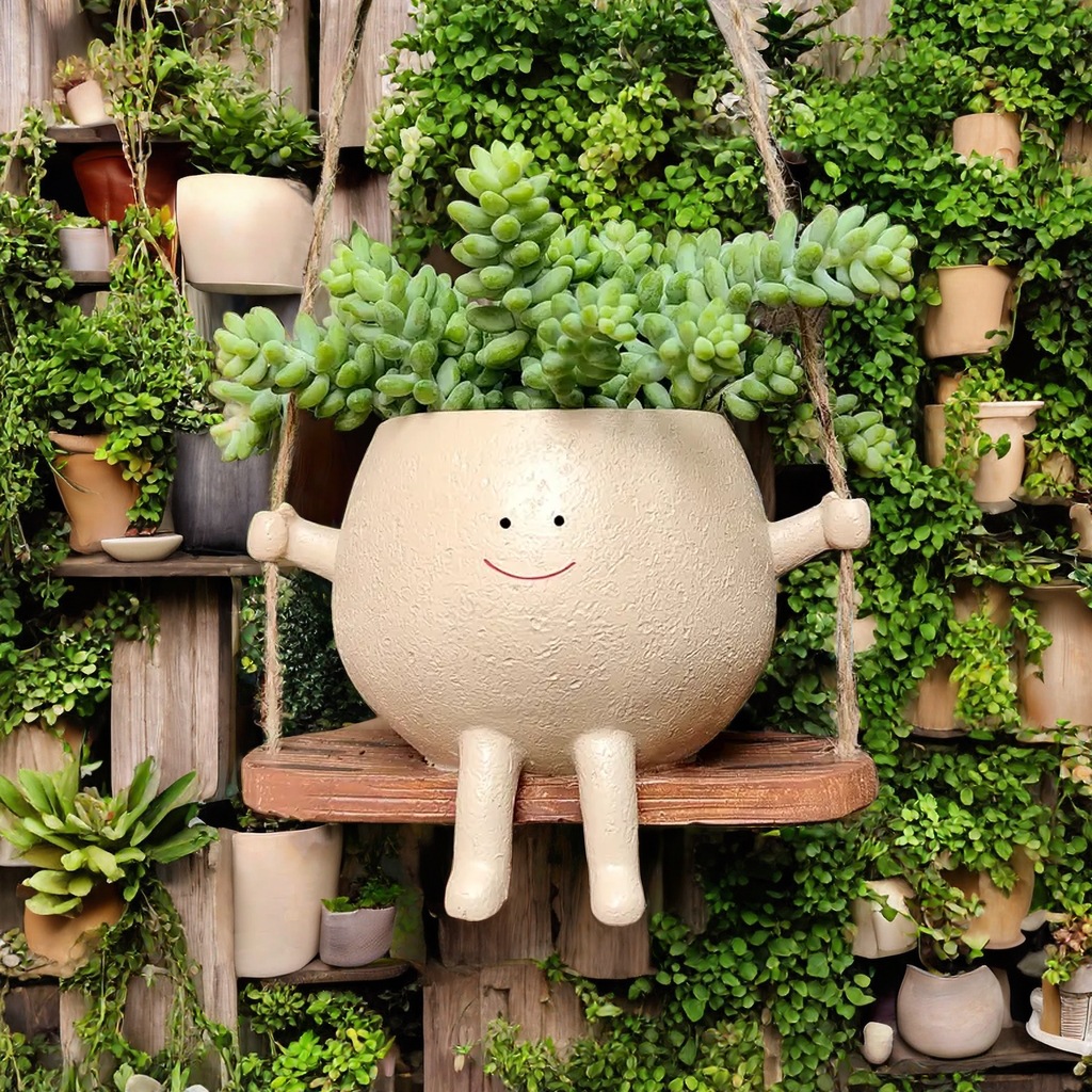 Succulent flowerpots with cute smiling faces, swing flowerpots, personalized decoration, creative hanging hydroponic flowerpots, balcony decoration details Picture