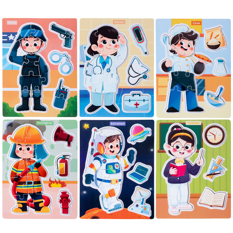 Wooden career cognition jigsaw puzzle, three-dimensional jigsaw puzzle, Montessori early education enlightenment and intelligence character matching building blocks, children's toys Item Picture