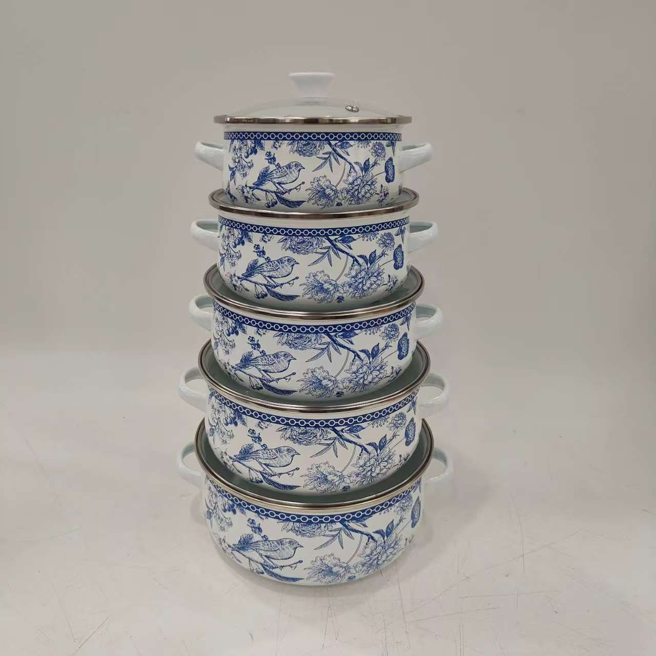 2025新款青鸟花20-22-24CM搪瓷金色包边搪瓷烧锅三件套五件套家用产品图