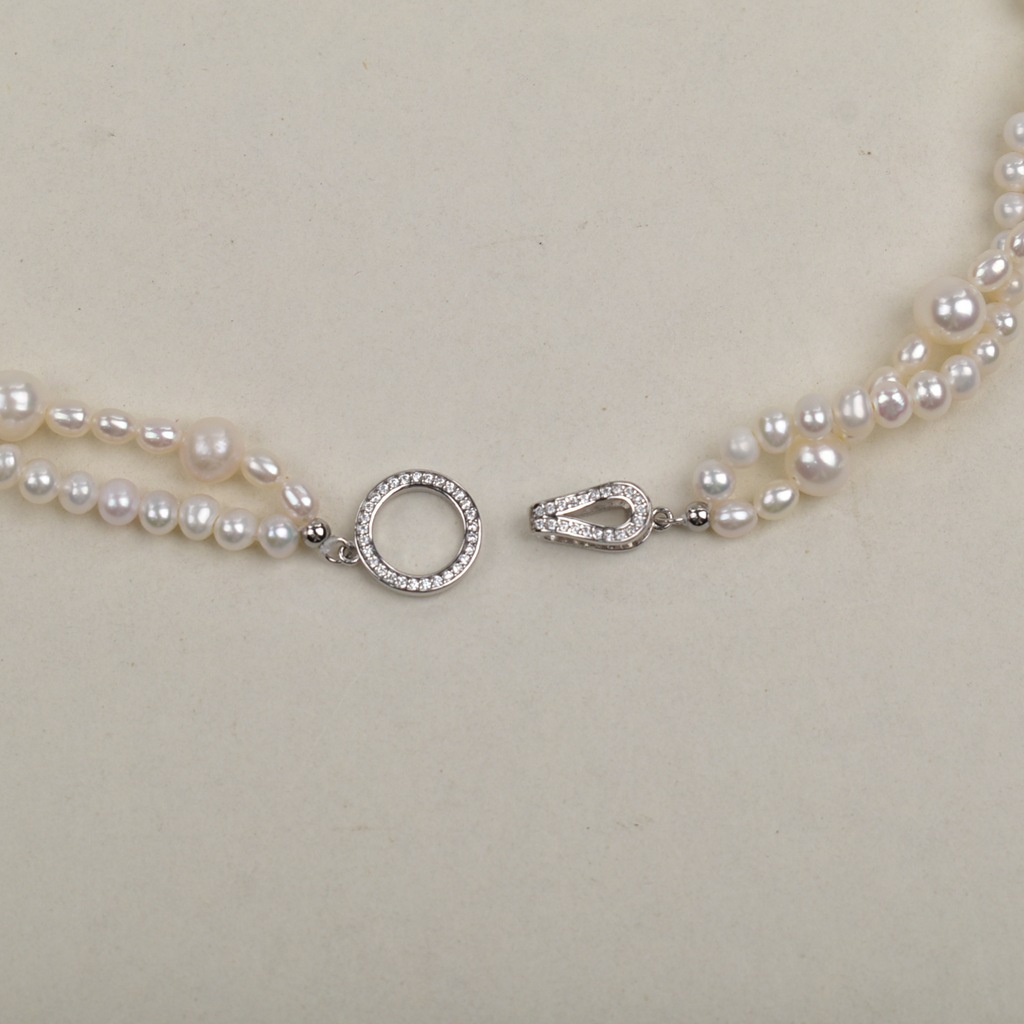 Egg round pearl Double Twist necklace 925 silver clasp natural freshwater pearl necklace, simple and elegant Specification image