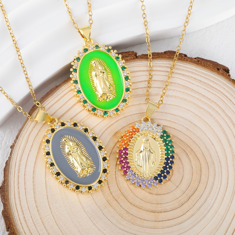 欧美跨境新款彩色锆石铜微镶镀金圣母吊坠个性百搭嘴唇链项饰批发