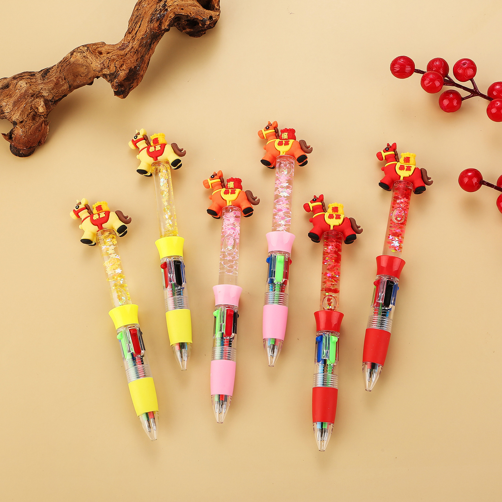 Cartoon Pony mini four-color Ballpoint pen, cute and portable four-color pen, student planner multi-color ballpoint pen, stationery pen Item Picture