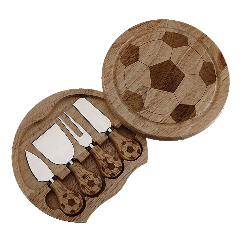 In-stock 2026 World Cup football Cheese Knife, round rubber wooden box cheese knife, fork and spatula set of 4 pieces Item Picture