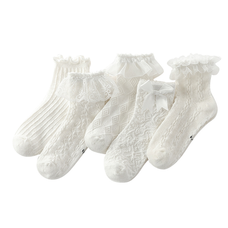 Spring and summer thin girls' socks, cotton socks, breathable mesh short socks, middle and large children's students, princess lace children's mid-calf socks Item Picture