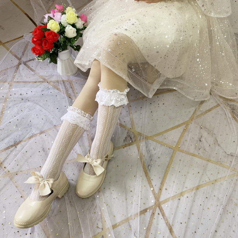 لوليتا دانتيل دانتيل جوارب قصيرة على شكل قلب، جوارب منتصف الساق على الطراز الياباني، جوارب كومة، جوارب طلابية صيفية