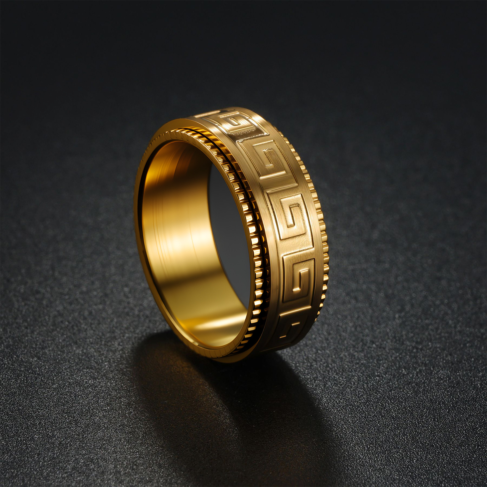 Cross-border bestseller titanium steel ring, stress-relieving and anti-anxiety rotating Ruyi Great Wall pattern fashionable couple rotating ring jewelry Specification image