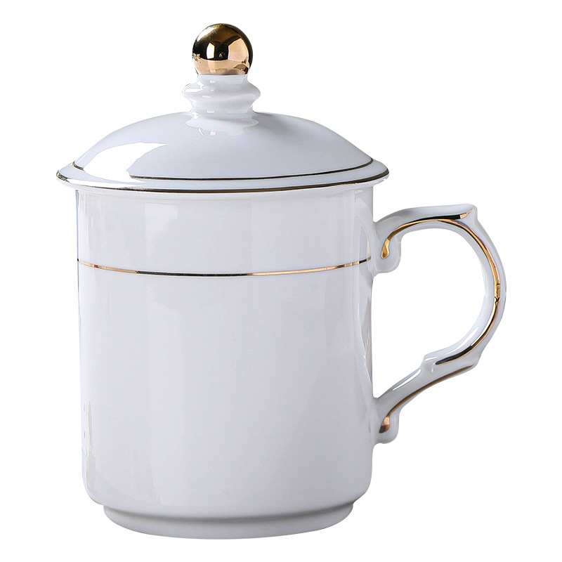 酒店宾馆陶瓷茶杯办公室会议杯水杯金边白色喝水杯带盖套装刻字白底实物图