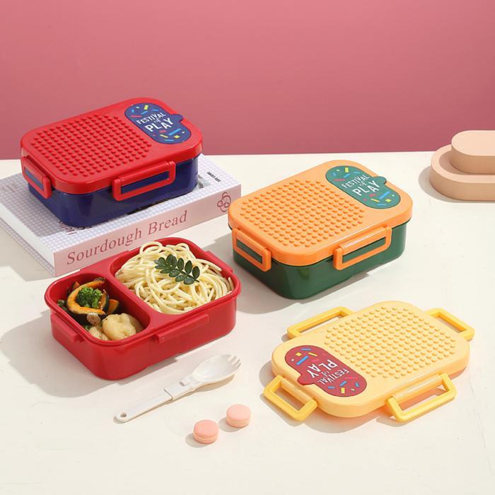 Cross-border cartoon independent sealed building block plastic lunch box, children's portable fruit compartments bento box with folding spoon Specification image