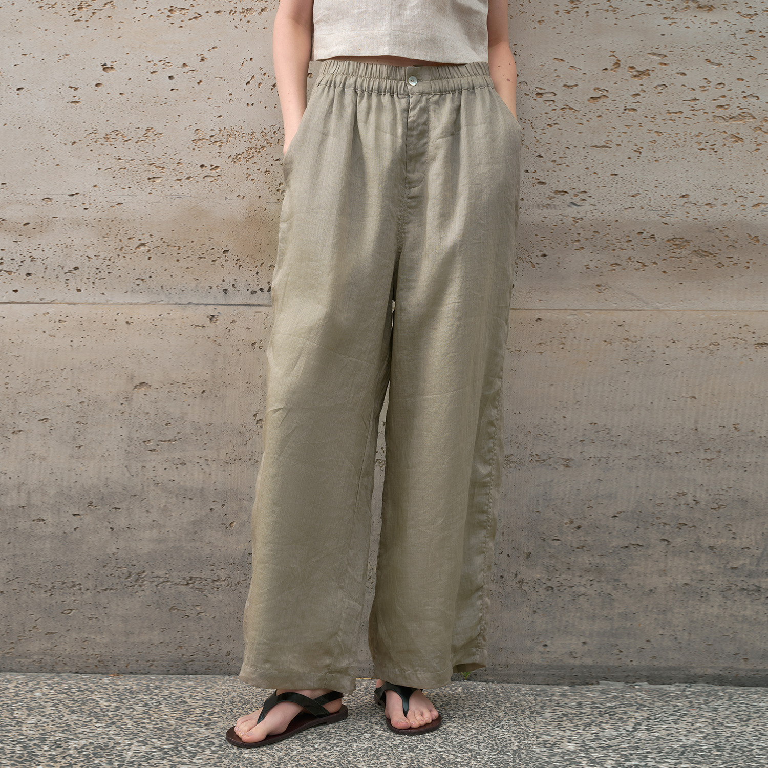 Pure ramie straight-leg pants for women, loose and slimming casual pants, loose spring and summer stretched-waist long pants details Picture