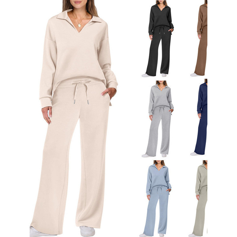 Amazon's new Spring and Autumn fashion casual women's long-sleeved drawstring solid color commuting trousers set full figure