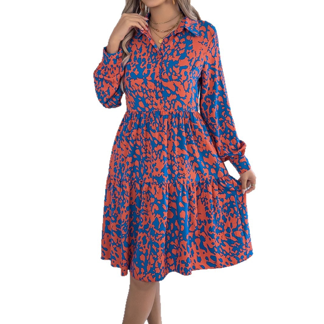 Amazon cross-border women's clothing: 2025 Autumn/Winter casual loose, color-blocking leopard print long-sleeved shirt dress from Europe and America Item Picture