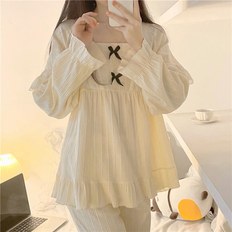 Sweet Korean cross-border princess-style long-sleeved pajamas, women's bow, sweet wechat business influencer live-streaming, and trendy home wear details Picture