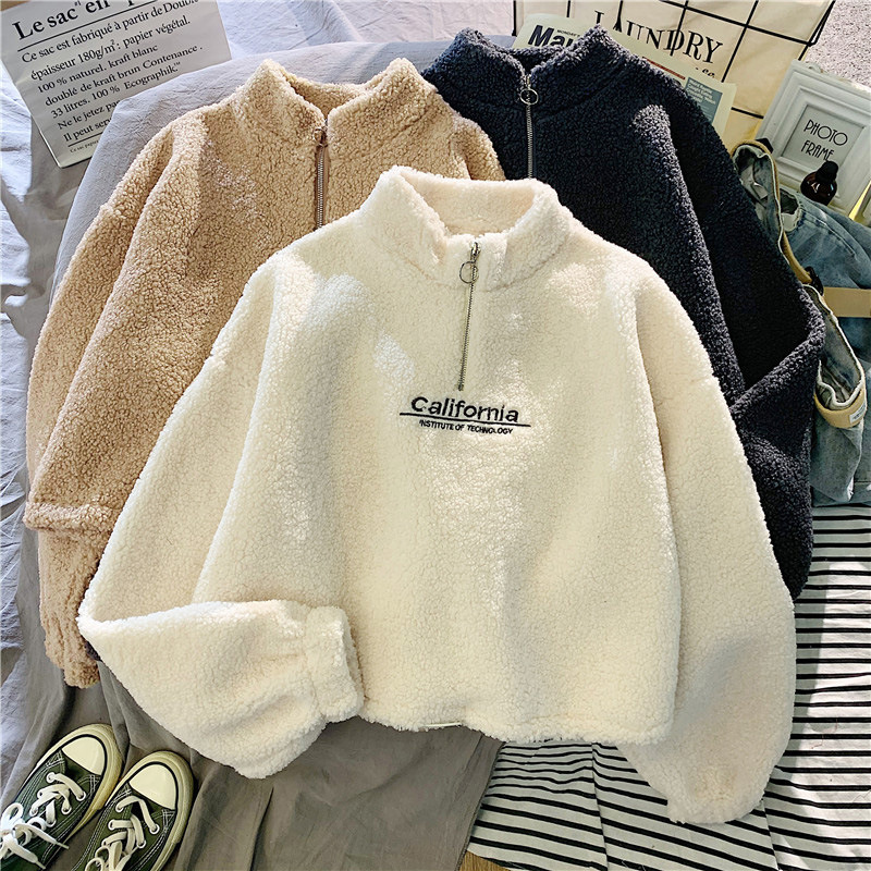 Semi-high collar, thickened with fleece, lambskin fluffy short hoodie for girls, Korean style student autumn and winter warm coat delivery service Application Scenario