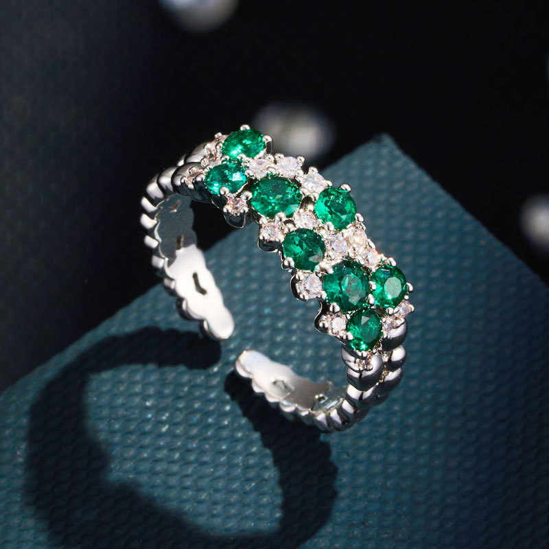 Light luxury high-end color gemstone open ring, slightly inlaid with zirconium blue pine emerald champagne adjustable ring in copper alloy Application Scenario