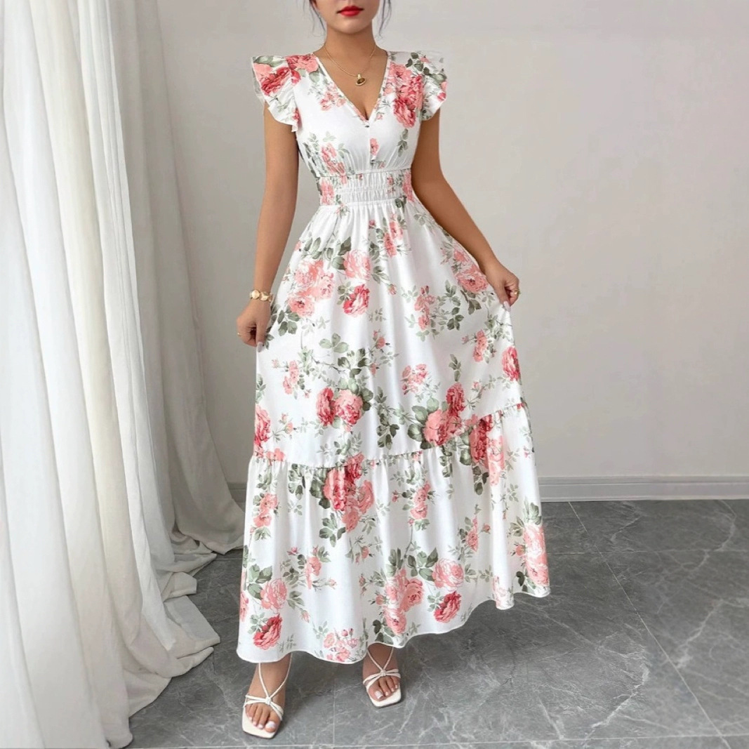 A new sleeveless Amazon European and American short-sleeved women's dress with fashionable and elegant style, featuring foreign trade printed lotus leaf sleeves full figure