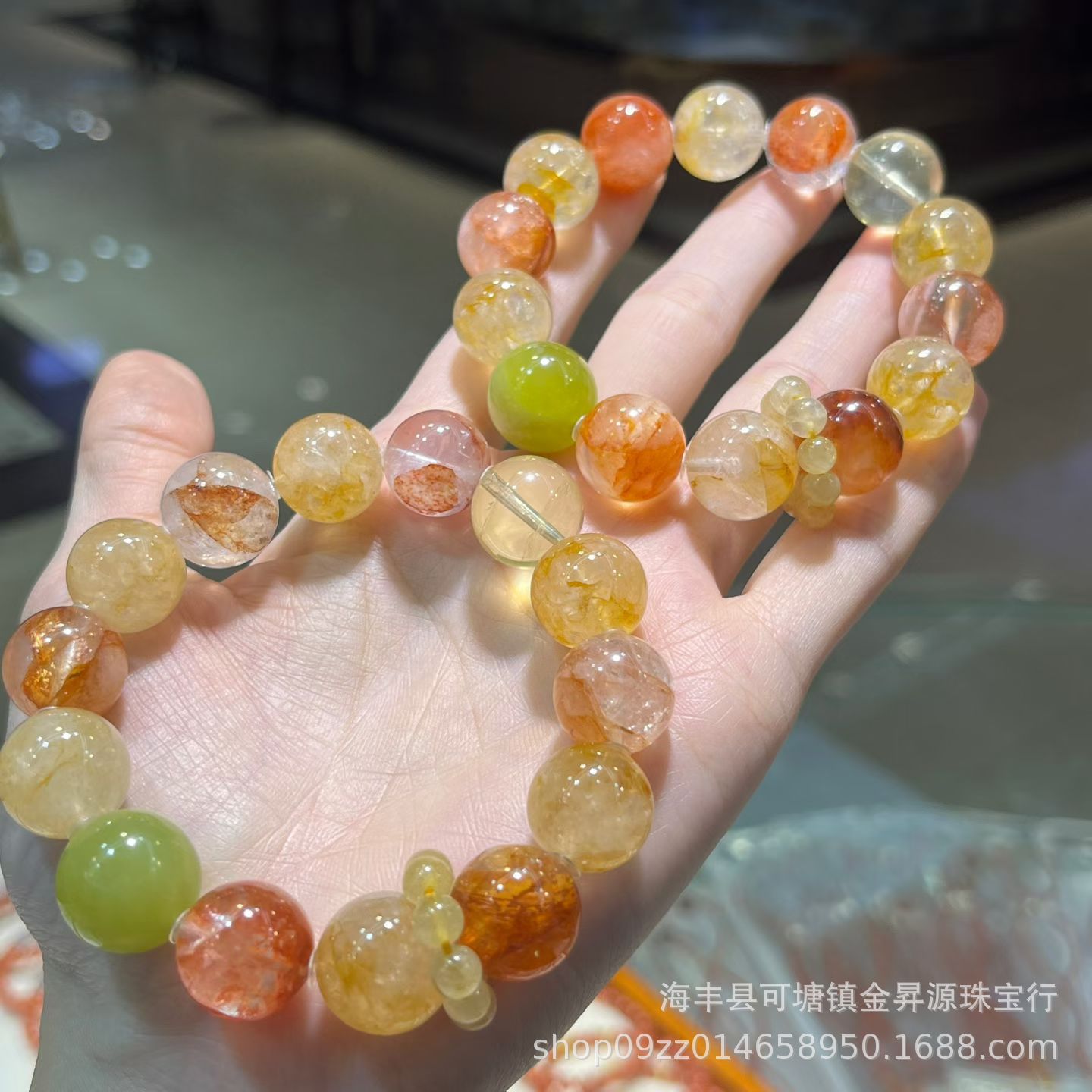 红胶花黄胶花水晶手串青提岫玉柠檬黄金发晶手链枫叶秋色原创轻奢细节图