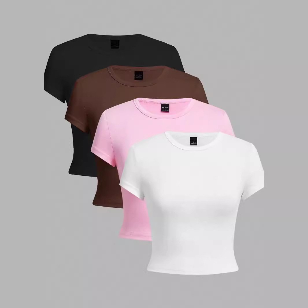 2026 European and American cross-border Summer new tight round-neck top, short sexy casual short-sleeved T-shirt top full figure