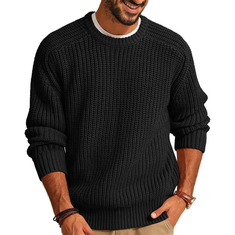 New men's solid-color long-sleeved round-neck fashionable sweater and loose American retro knitted sweater from Amazon cross-border in Europe and America details Picture