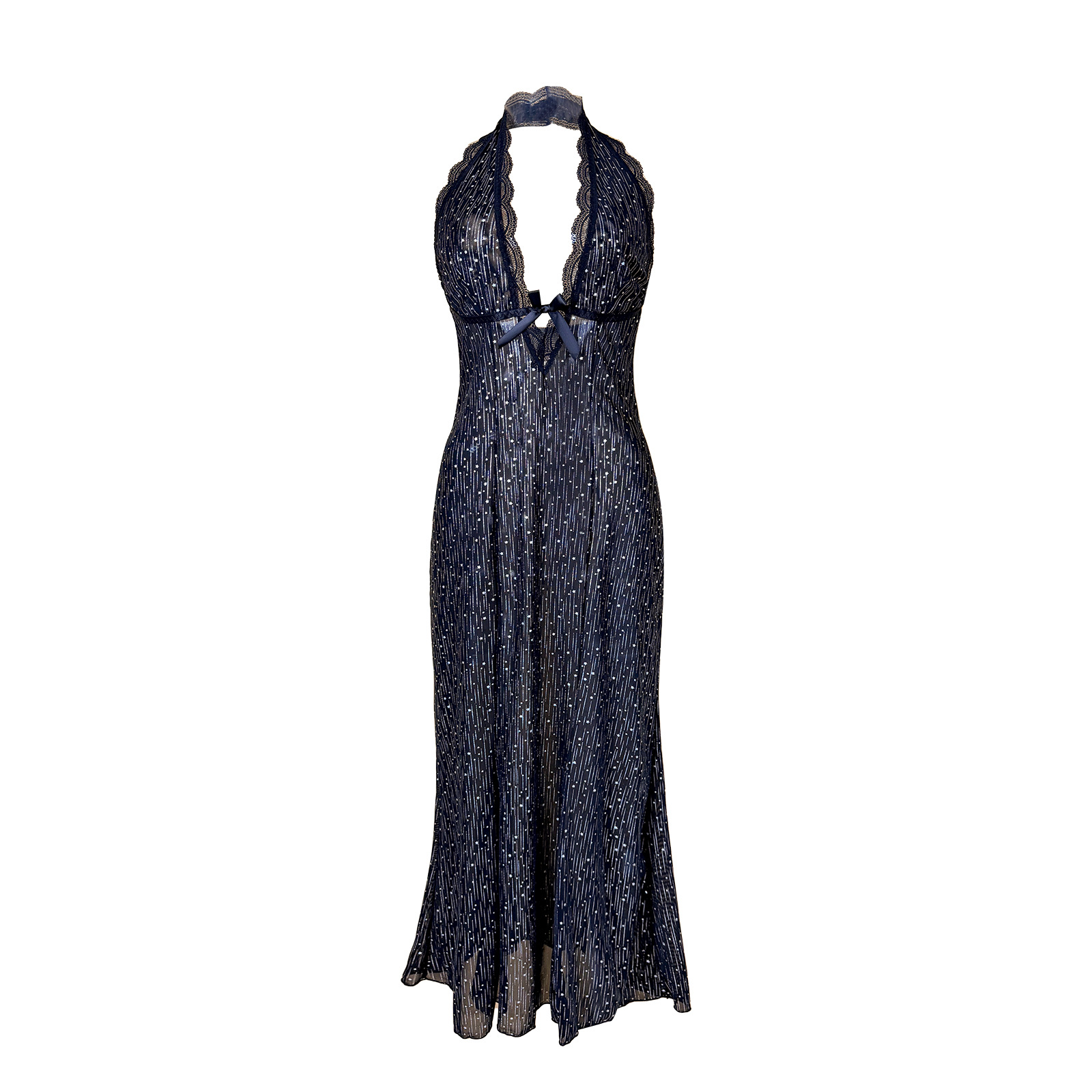 Black silk see-through dress for export, neckline, deep V-neck, backless, slim fishtail, sexy sleeping dress 1155 Item Picture