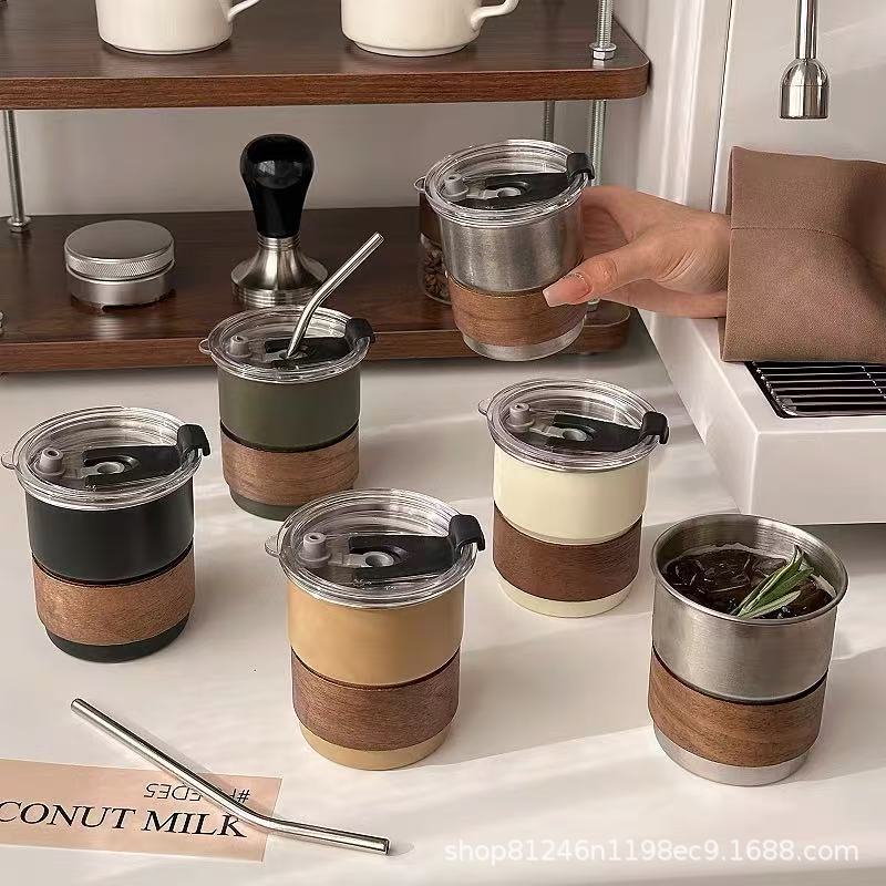 新款304不锈钢咖啡杯网红户外露营便携水杯带盖吸管杯餐厅啤酒杯