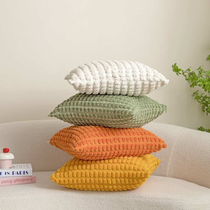 Free shipping cross-border solid-color corduroy pillowcase, country-style elastic cushion cover, home bedside pillow cover Specification image