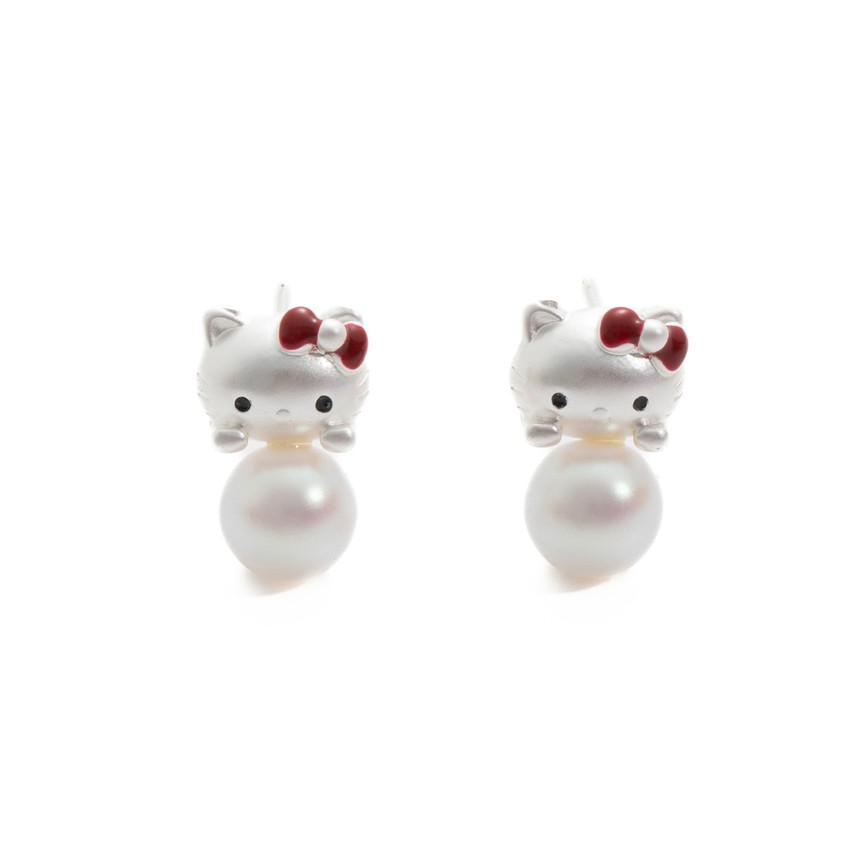 精致可爱甜美风仿人鱼姬珍珠滴釉kitty猫耳钉少女心爆棚百搭耳饰白底实物图