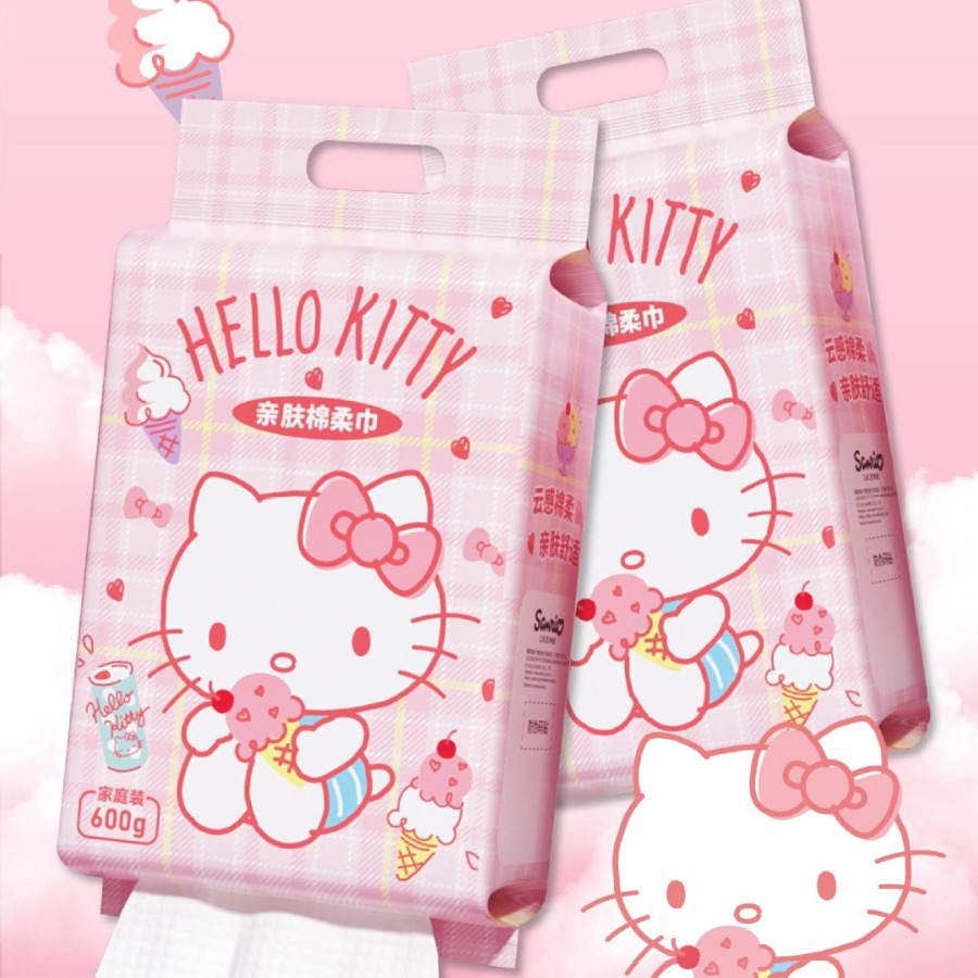 三丽鸥KT猫家用版悬挂抽取式600克珍珠纹棉柔干湿两用洗脸巾纯棉产品图
