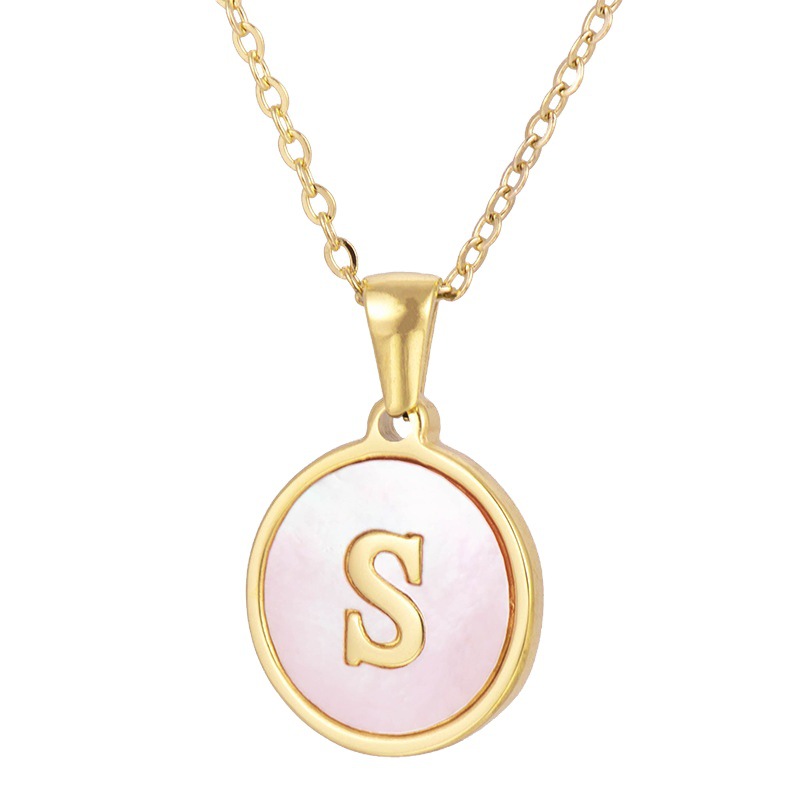 ins Cross-border European and American 18k round pink shell stainless steel letter pendant, foreign trade titanium steel letter necklace for women