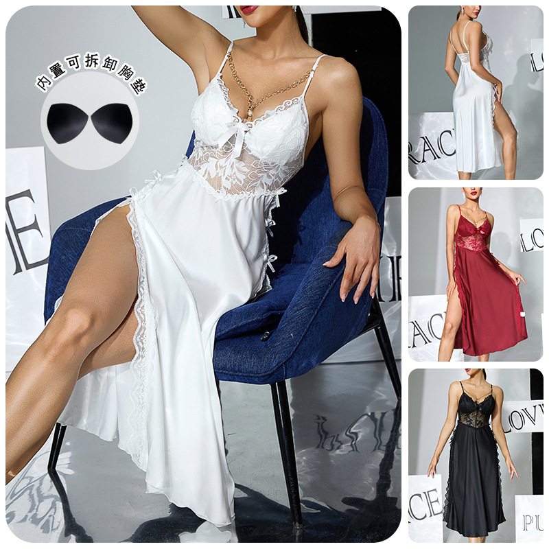 Amazon lace patchwork satin halter nightgown with built-in detachable chest pad, no need to wear underwear, high slit long dress 979 full figure