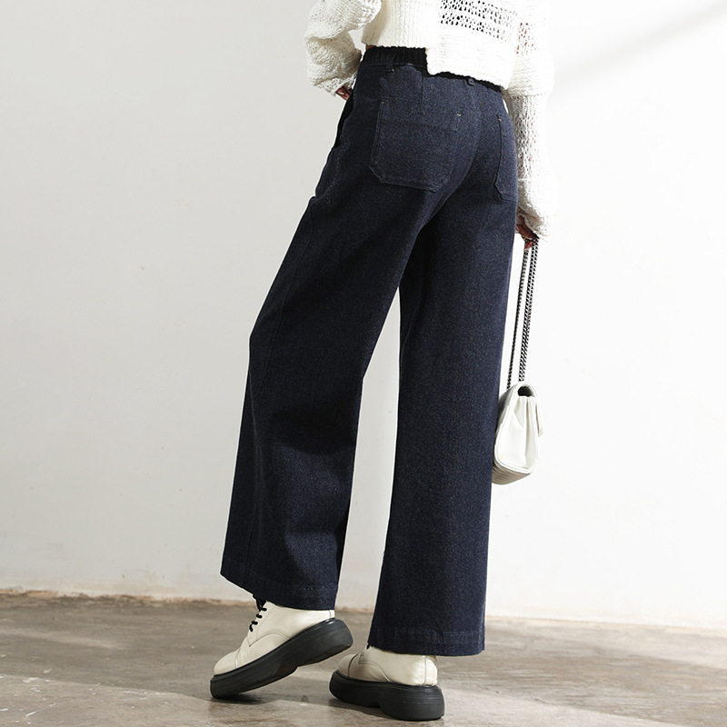 Factory direct sales of new deep blue side spliced slimming 9-point A-version wide-leg jeans and casual wool jeans for women Specification image