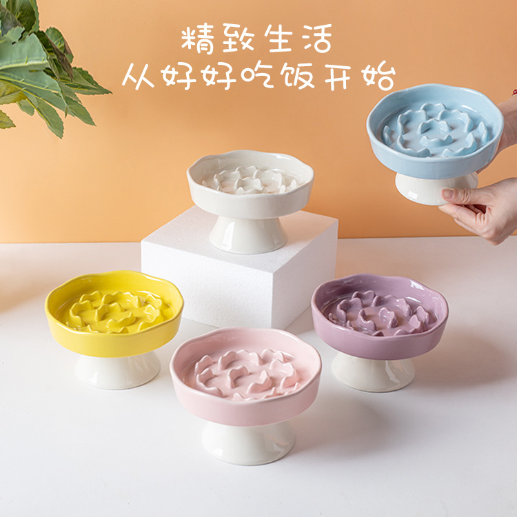 Ceramic slow food bowl, high-legged cat bowl, neck guard that is not easy to tip over, dog choke prevention bowl, pet bowl, cross-border cat food slow food basin