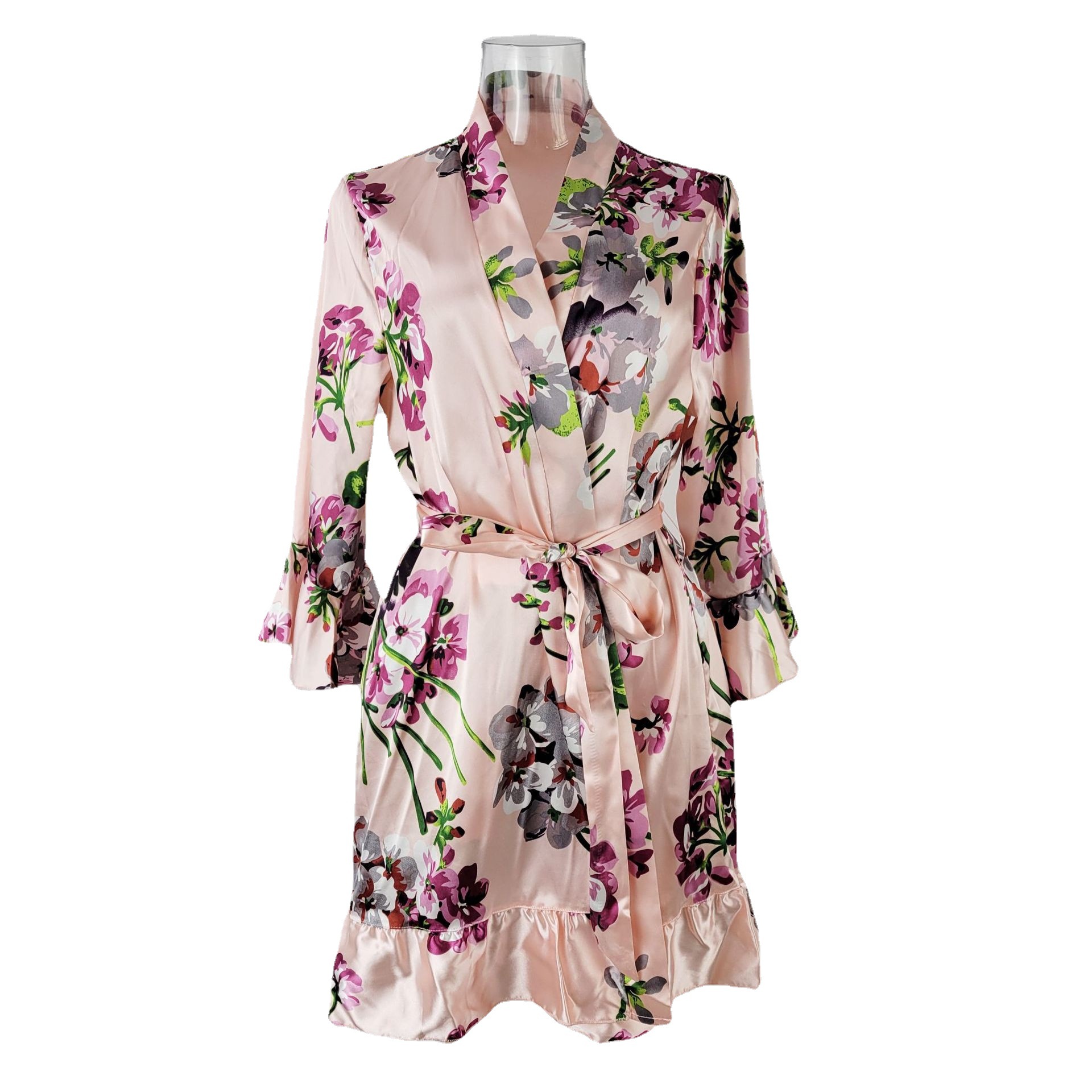 Amazon cross-border Sardinian printed leaf-edge pajamas for women, summer silk bathrobes and bathrobes for home wear 6057 Item Picture