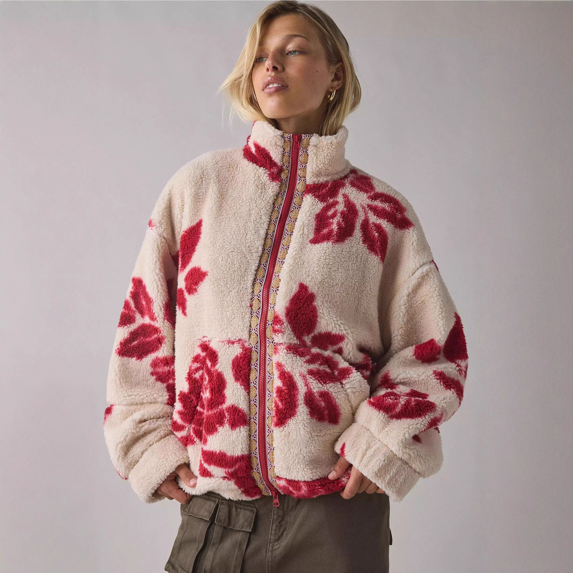 New fleece retro European and American style stand-up collar zipper cardigan for women's wear in the 2025 autumn and winter cross-border from Europe and America full figure