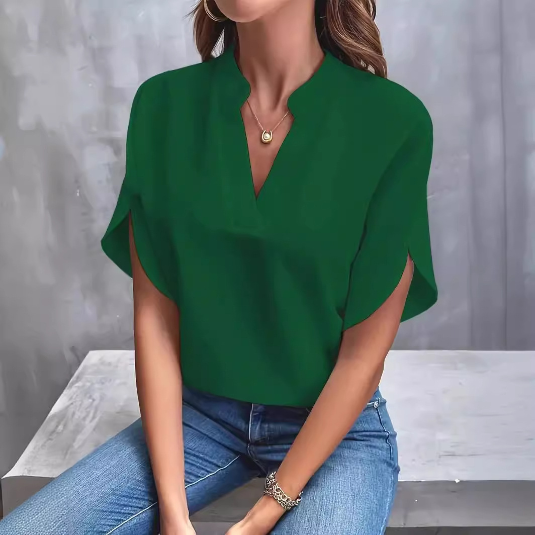 Amazon European and American cross-border trade women's clothing 2025 Summer Casual solid color V-neck loose shirt top for women Specification drawing