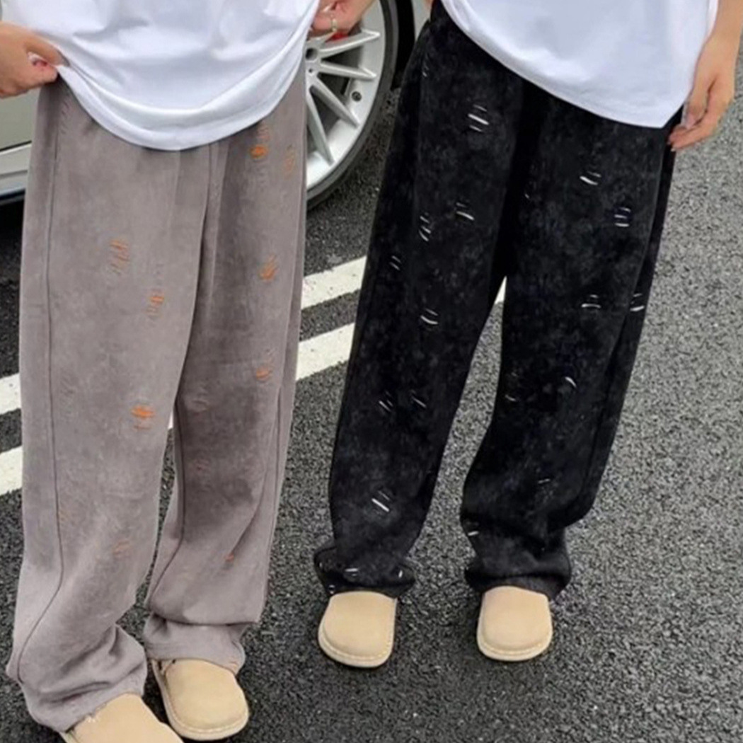 Spring and Autumn color-blocking sweatpants, irregular perforated curved knife pants, straight-leg long pants, men's trendy ins wide-leg casual pants